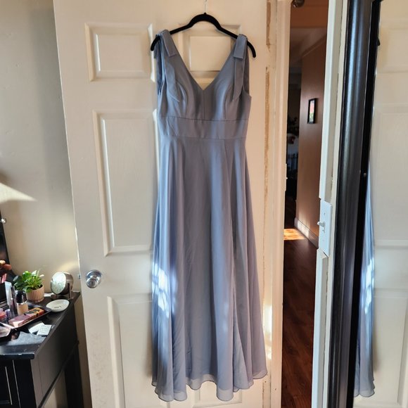 JJ's House A-Line V-neck Chiffon Bridesmaid Dress With Bows Size 8 Dusty Blue - Picture 4 of 8